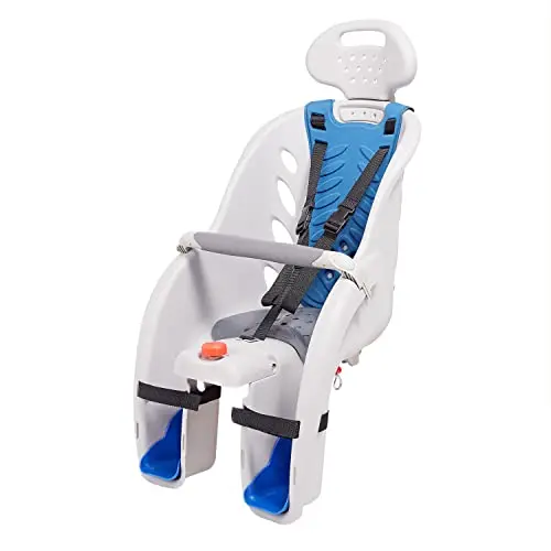 Schwinn Deluxe grey child bike carrier mounted on a bicycle, showing padding and harness