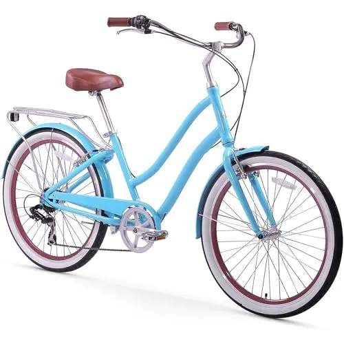 SIXTHREEZERO EVRYjourney Women's 7-Speed Hybrid Bike in Teal with brown leather saddle and rear rack