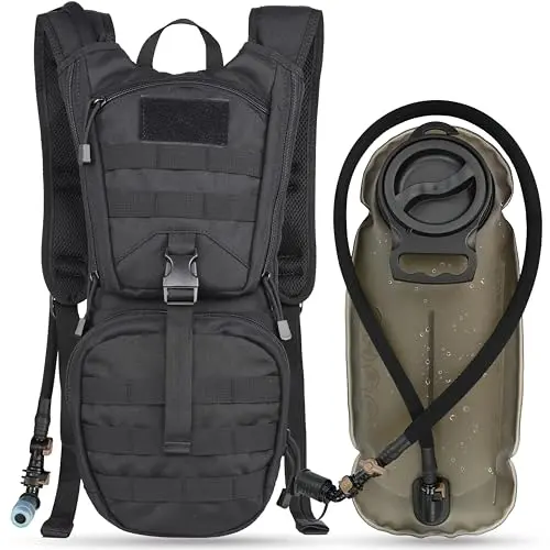 MARCHWAY Tactical Molle hydration backpack in black, showing MOLLE webbing and a 3L water bladder.