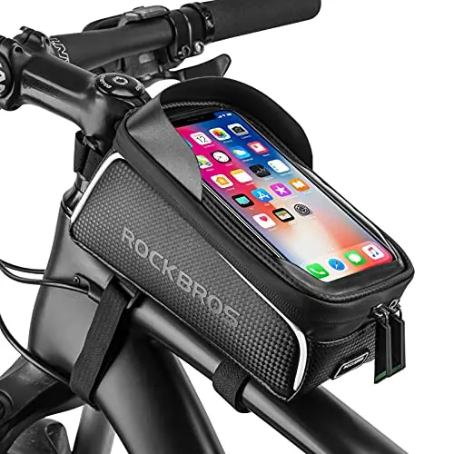 ROCKBROS black waterproof phone frame bag mounted on a bike top tube