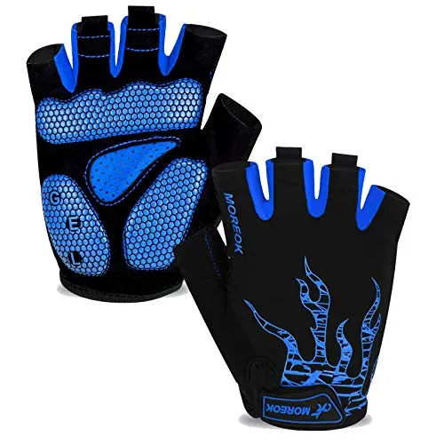 MOREOK blue and black half-finger cycling gloves showing palm gel padding