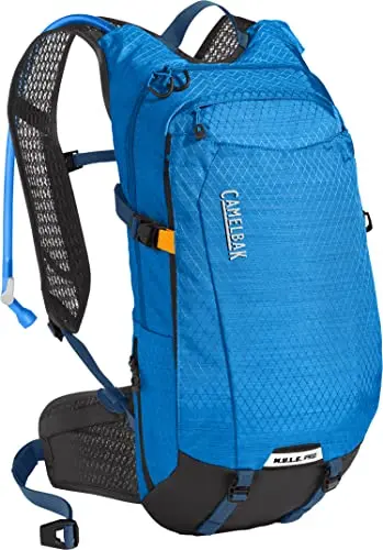 CamelBak M.U.L.E. Pro 14 hydration backpack for mountain biking in blue and orange.