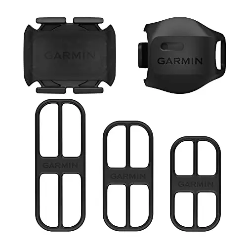 Garmin Speed and Cadence Sensor 2 Bundle attached to a bicycle wheel hub and crank arm