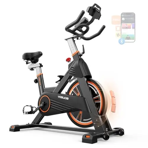 YOSUDA PRO Magnetic Exercise Bike in orange with a large LCD monitor.