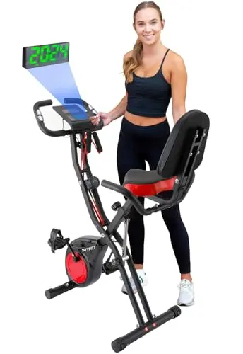 YYFITT red folding exercise bike that converts between upright and recumbent positions.
