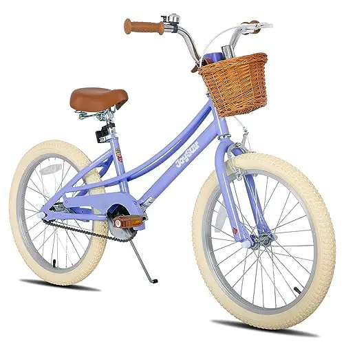 JOYSTAR 20-inch purple girls bike with basket, stickers, and kickstand