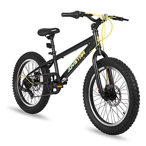 JOYSTAR 20-inch kids mountain bike with fat tires and Shimano 7-speed gear system in black