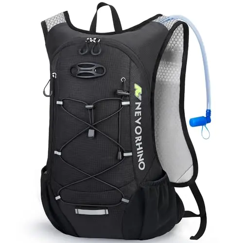 N NEVO RHINO lightweight hydration backpack in black, showing multiple pockets and a streamlined profile.