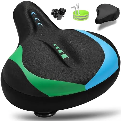CDYWD blue and green oversized bike seat with lycra fabric and center groove