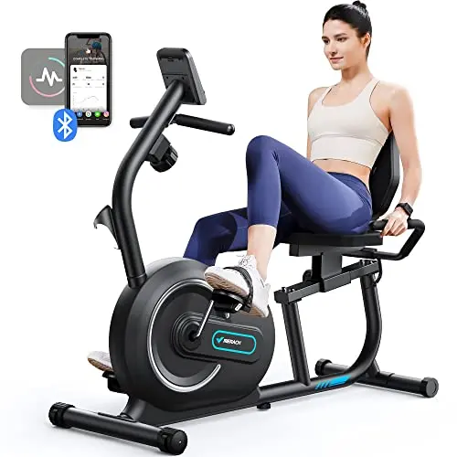 MERACH S08 recumbent bike in black with LCD monitor and app connectivity
