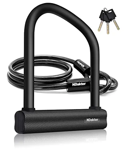 NDakter black heavy-duty bicycle U-lock with a long steel security cable