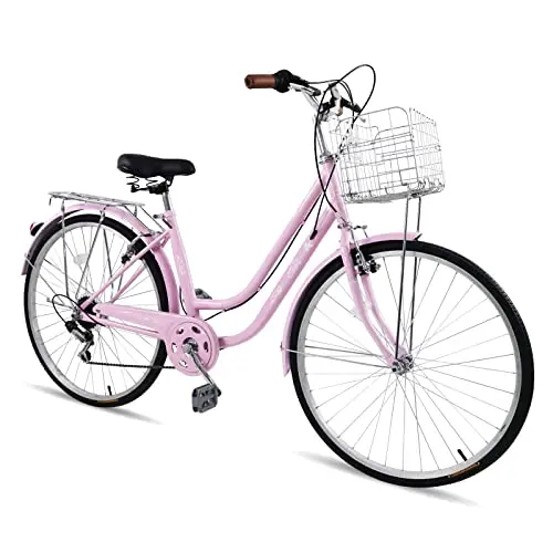 Ktaxon women's beach cruiser bike in pink with a high-carbon steel frame and 7-speed drivetrain.