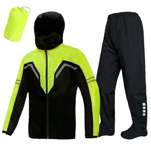 VIKAMAKA Waterproof Rain Suit for men, showing jacket and pants with reflective details.