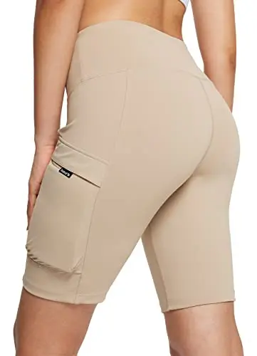 baleaf women's khaki hiking biker shorts with side cargo zip pockets.