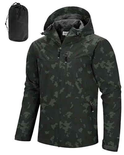 33,000ft Men's Packable Rain Jacket with hood, shown in a cycling context