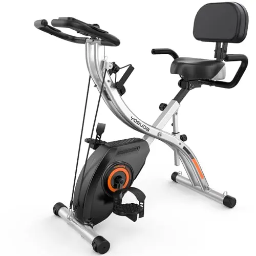 YOSUDA black and silver smart folding exercise bike with phone on holder