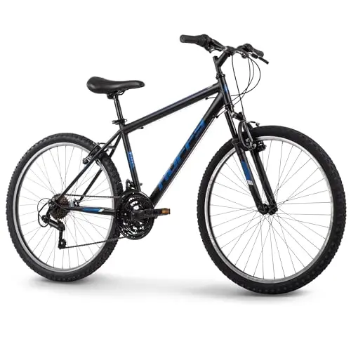 Huffy Stone Mountain matte black mountain bike with front suspension