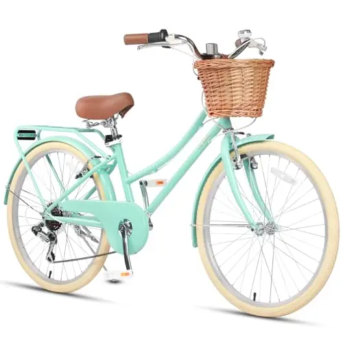 Glerc 24 inch beach cruiser bike for girls in mint green with a wicker basket