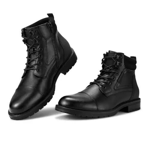 Rollda men's black synthetic leather combat ankle boots with lace-up and side zipper