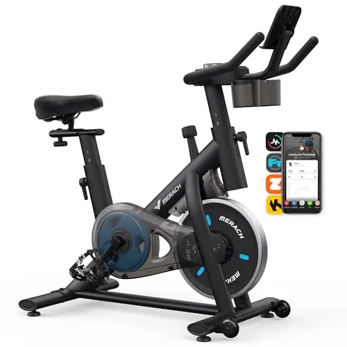 MERACH black stationary bike with LED monitor and bottle holders