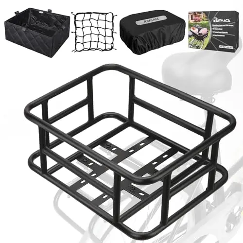 RAYMACE large rear bike basket with cargo net and liner mounted on a rack
