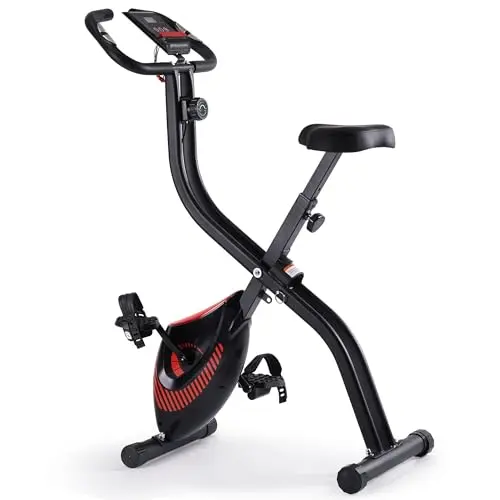 BODIOO red folding exercise bike in a compact, upright position