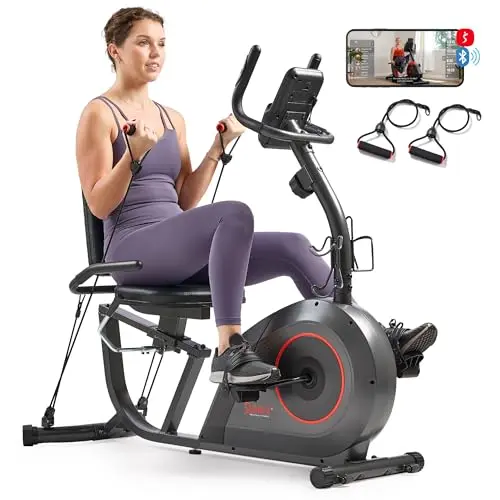 Sunny Health & Fitness Smart Recumbent Bike with adjustable seat and resistance bands