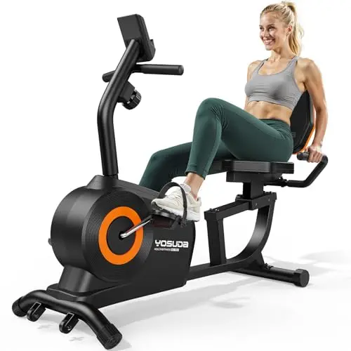 YOSUDA recumbent exercise bike in classic black with a digital monitor and padded seat.