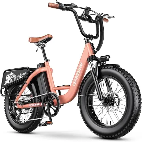 EUY rose pink electric bike with 20-inch fat tires and a rear rack