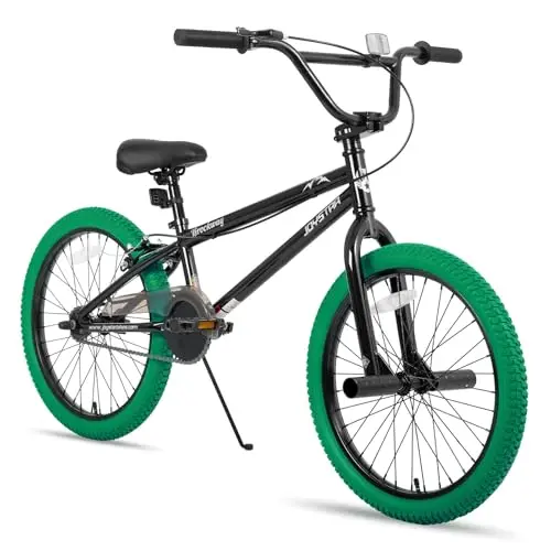 JOYSTAR 20 inch freestyle BMX bike with green tires and single-speed drivetrain