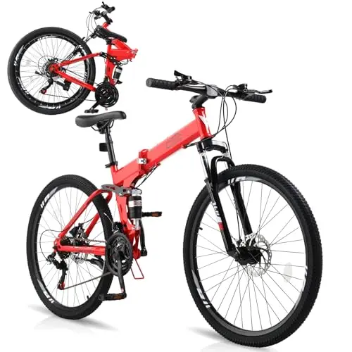 CamPingSurvivals folding mountain bike in black, partially folded for storage