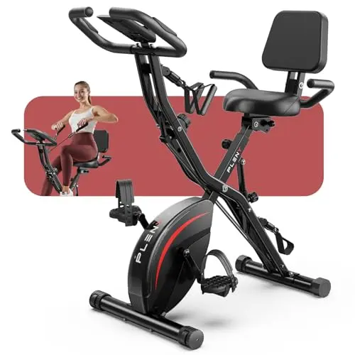 Pleny black and red 5 in 1 folding exercise bike showing compact storage