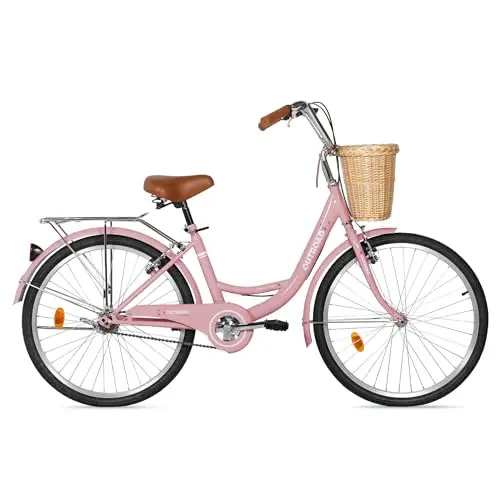 Max4out women's cruiser bike with a woven bamboo front basket