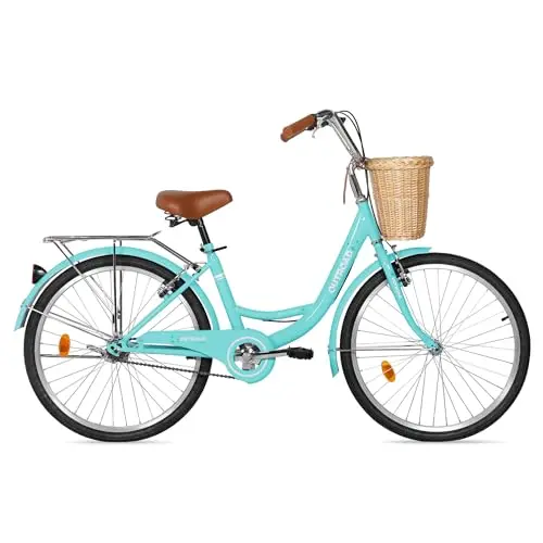 MAX4OUT beach cruiser bike for women with woven rattan front basket in green