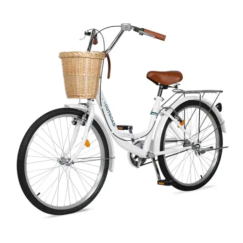 Max4out white beach cruiser bike with a woven rattan front basket.