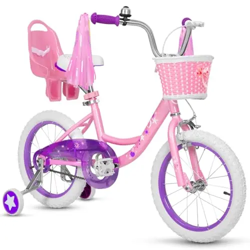 WEIZE 16-inch pink girls bike with basket, streamers, and doll seat