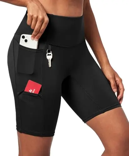 Ewedoos women's high-waisted biker shorts with pockets in black, ideal for hiking.