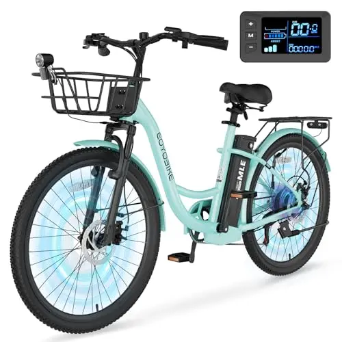 MOONCOOL mint green step-through electric cruiser bike with 24-inch wheels