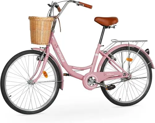 Outroad pink beach cruiser bike with a simple step-through frame and classic cruiser styling.