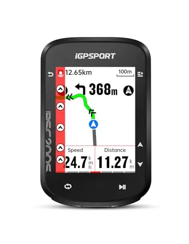 iGPSPORT BSC200S GPS bike computer with colorful display showing a map route