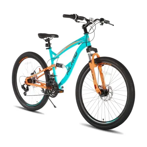 HH HILAND full suspension mountain bike in light blue with disc brakes