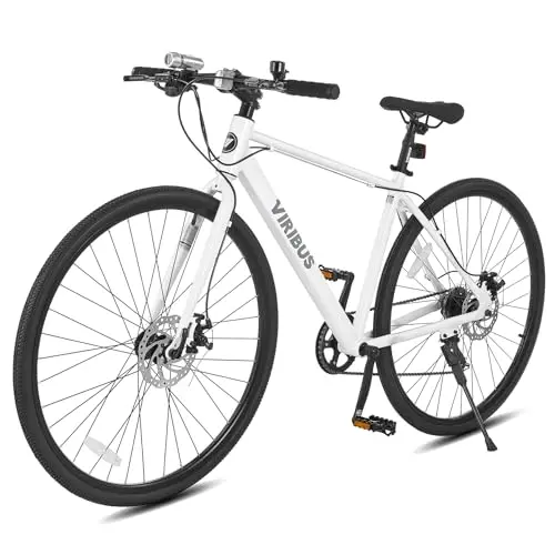 Viribus white hybrid bike with front and rear lights and a upright riding position
