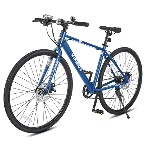 VIRIBUS hybrid commuter bike with navy blue frame, integrated front and rear lights, and disc brakes.