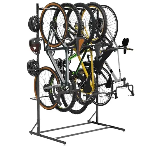 Lezbanz freestanding vertical bike storage rack with helmet hooks