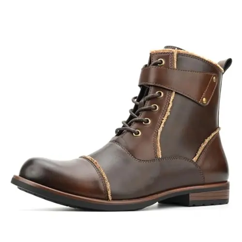 WEOOAR men's brown faux leather lace-up ankle dress biker boots with buckle