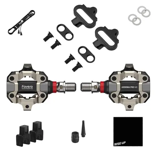 Favero Assioma PRO MX-2 dual-sided power meter pedals mounted on a gravel bike crank