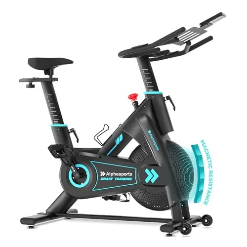 LUXECYCLES blue exercise bike with fully enclosed flywheel and digital monitor