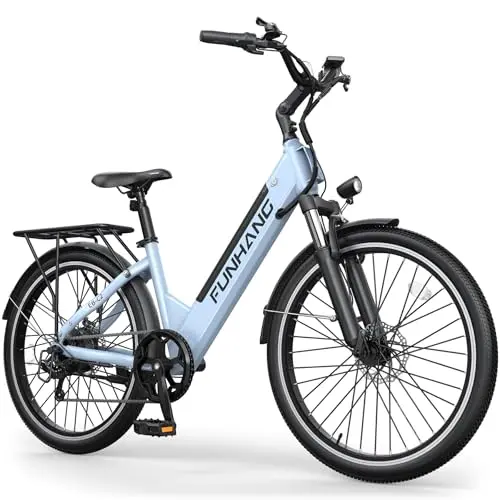 Funhang blue step-thru electric bicycle with rear rack and fenders.