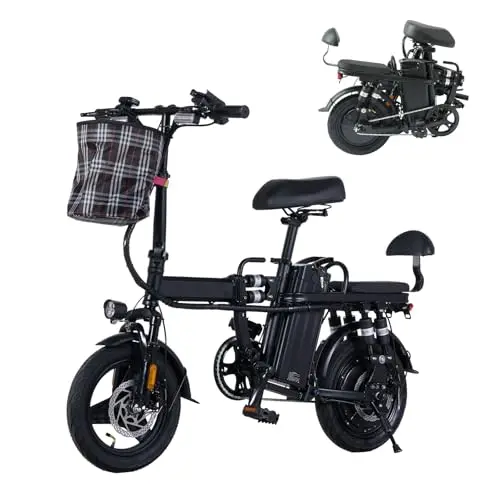 ILEFOROR small black folding electric bike with a passenger seat on the rear