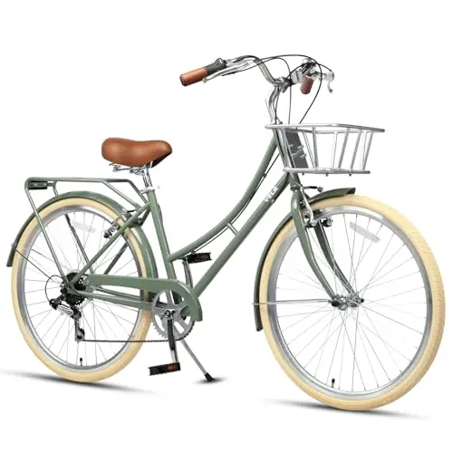 Avasta Vela 26 inch green hybrid bike with beige tires and a metal front basket